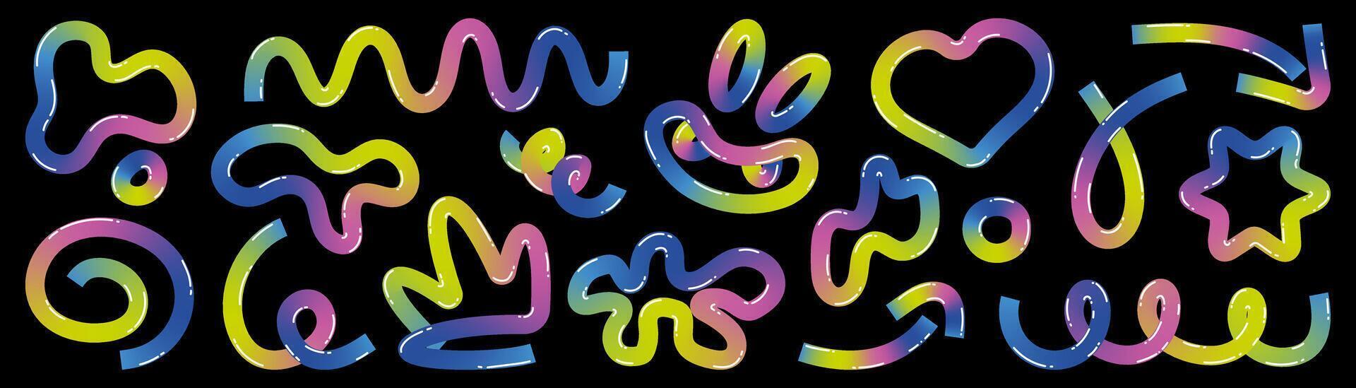 A set of playful doodle elements made from gradient ribbon. Futuristic elements with 3D effect for the design of a holiday poster, poster. vector