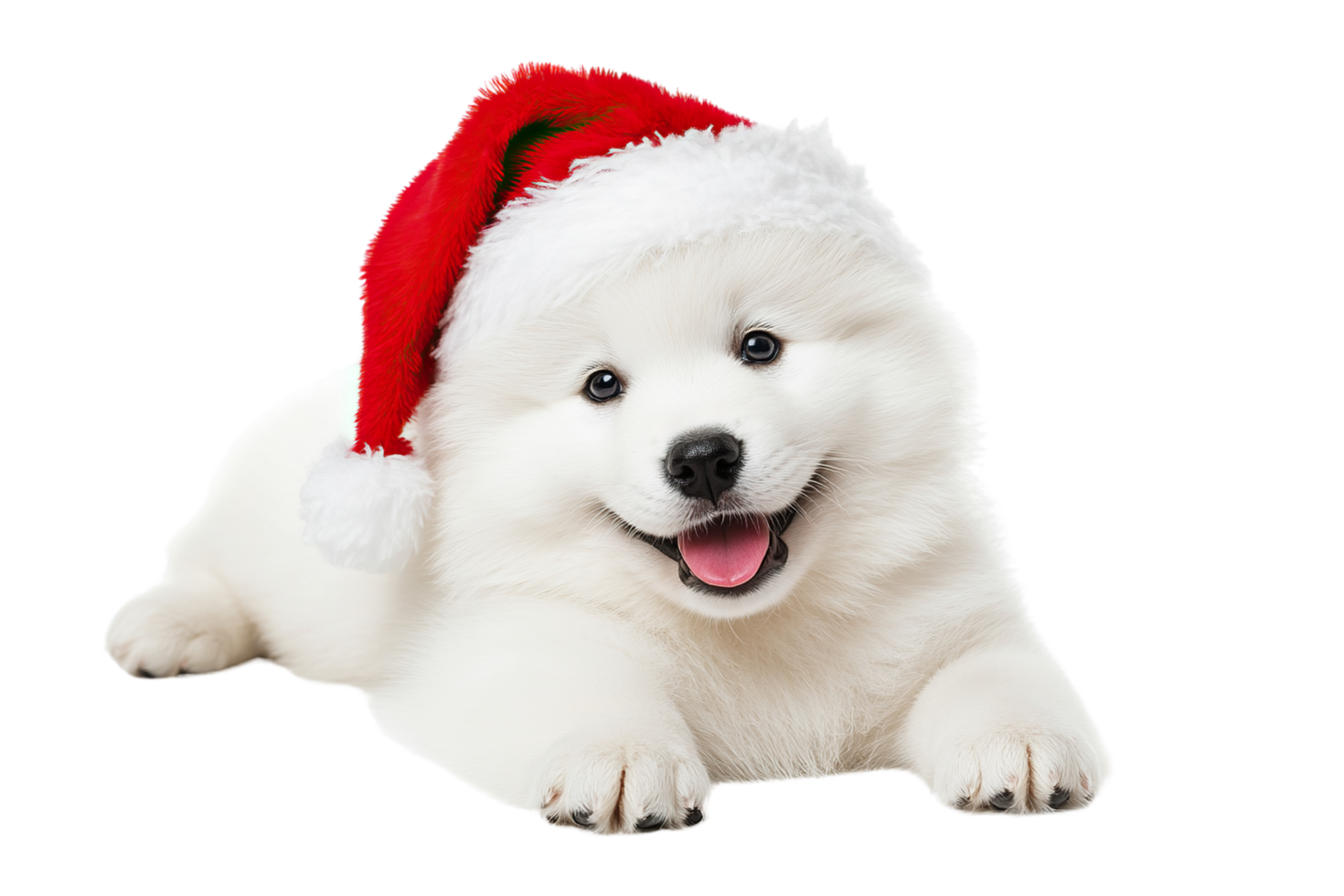 Samoed puppy with Santa Claus hat isolated on a transparent background. png