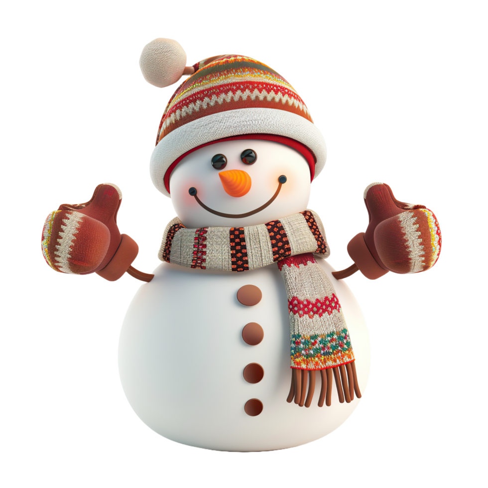 Snowman wearing striped hat and scarf. Isolated on a transparent background. png