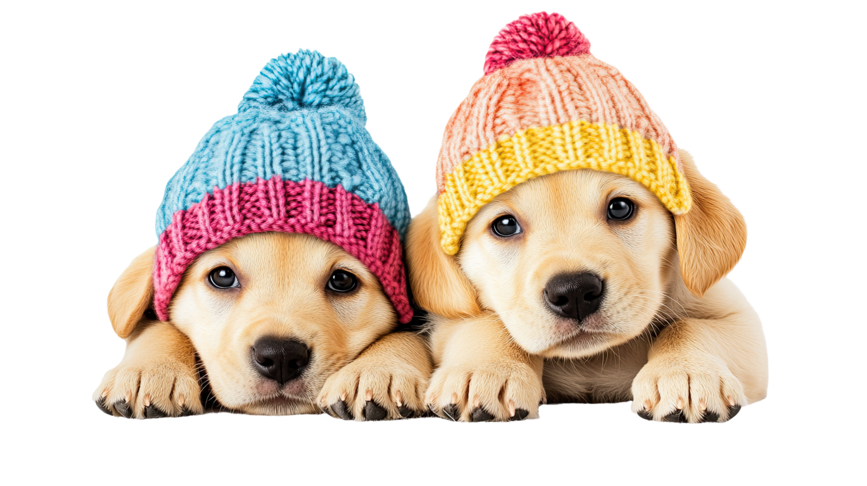 Cute Labrador Retriever puppies in a knitted hat are isolated on a transparent background. png