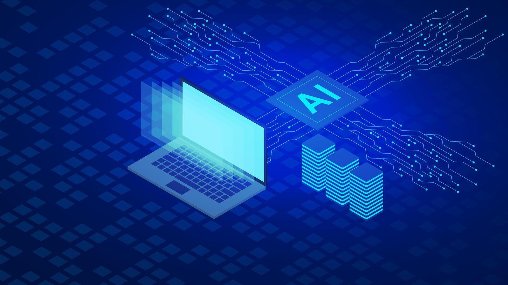 Artificial intelligence concept with laptop, server and digital microchip in isometric style vector