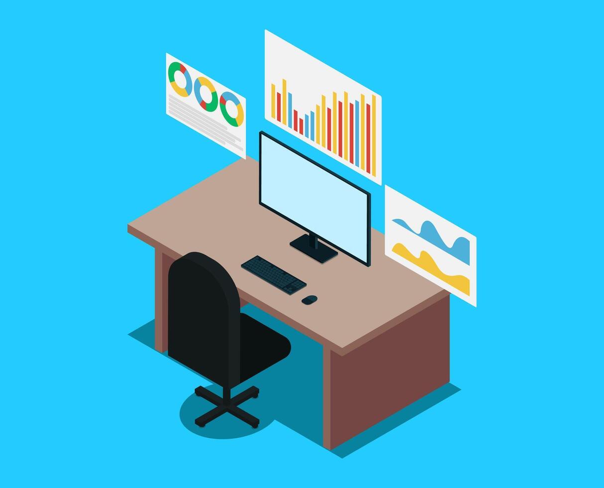 Isometric data analysis design for website, financial report, business and investment with computer on desk on blue vector