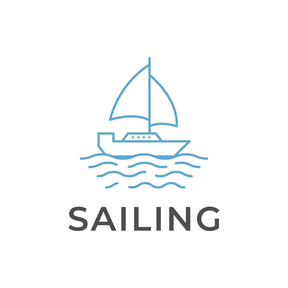 sailing boat logo design concept outline style with wave beach vector