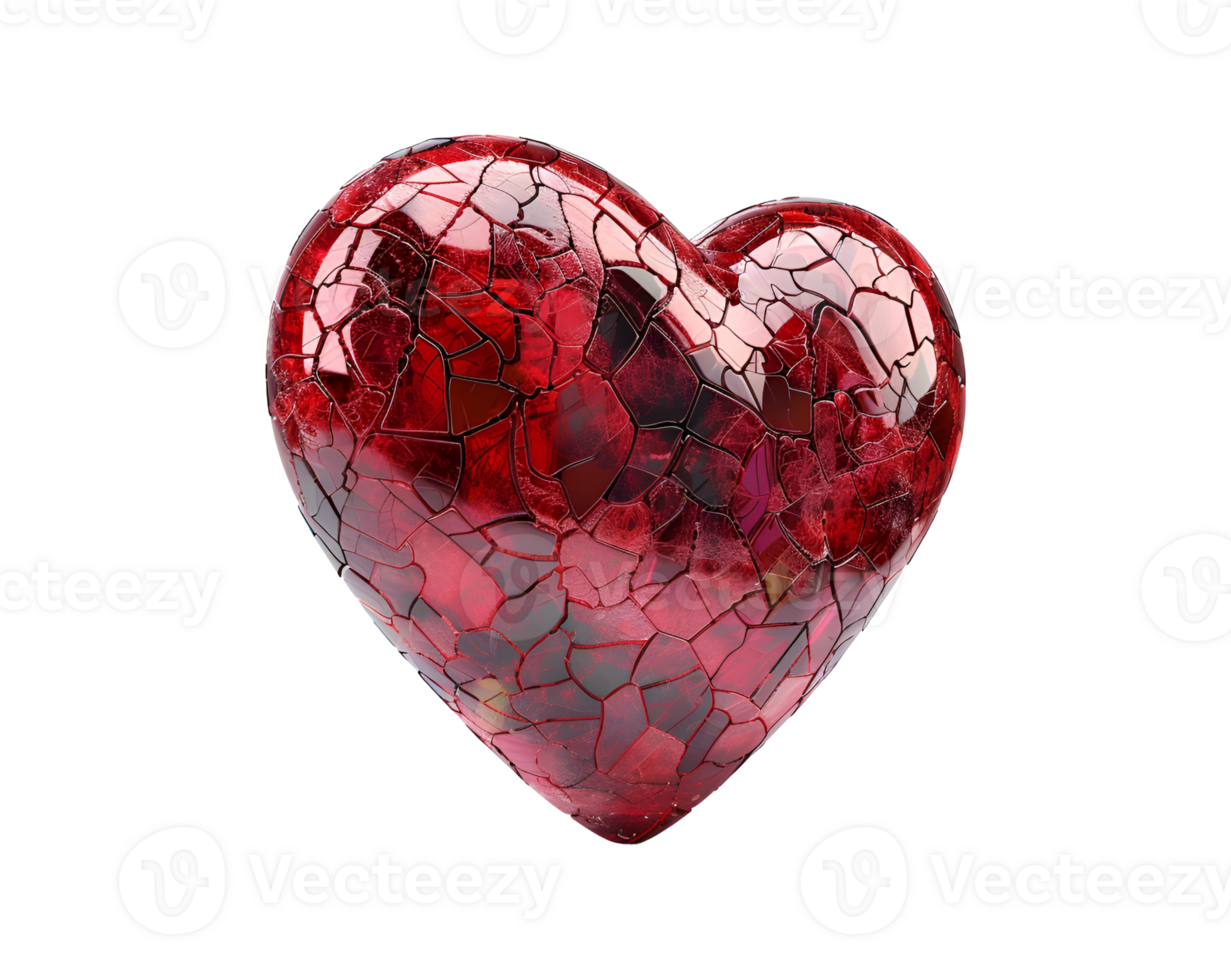 Red glass broken heart. Red shiny heart with cracks isolated on transparent background png