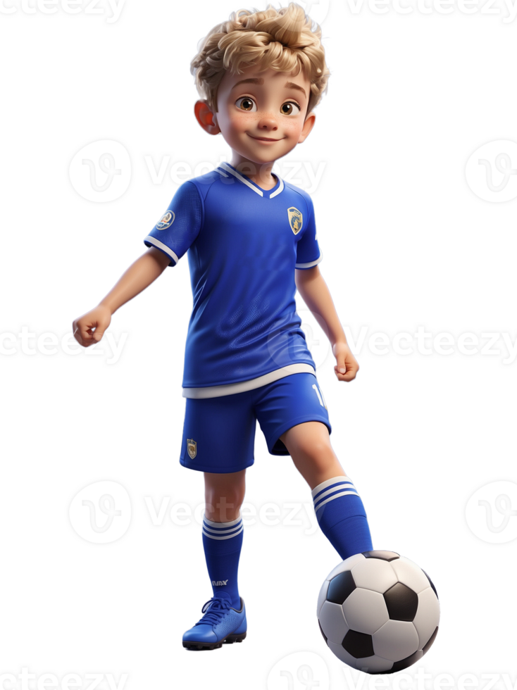 A cartoon boy in blue soccer uniform kicking a soccer ball png
