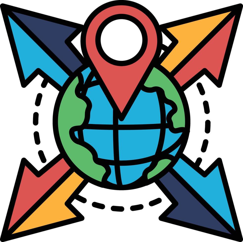 A colorful drawing of a globe with a red dot on it vector