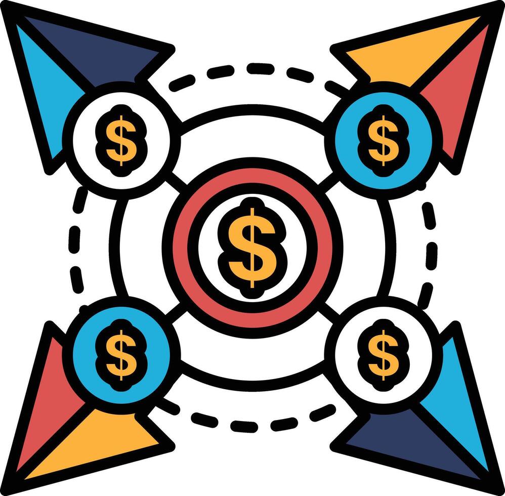A graphic of four arrows pointing to a circle with a dollar sign in the center vector