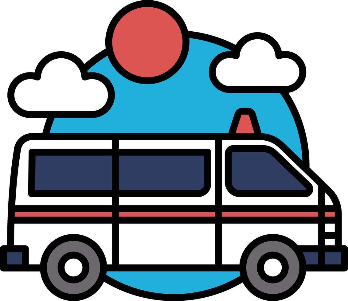 A white ambulance with red and blue stripes is parked in front of a blue sky vector