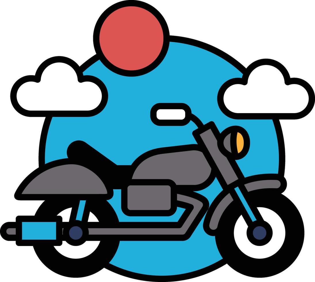 A cartoon drawing of a motorcycle with a red sun in the background vector