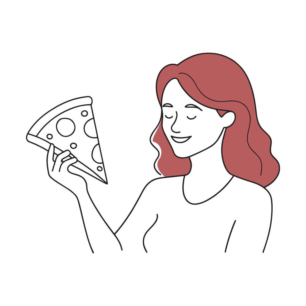 woman joyfully holds a slice of pizza continuous line art flat illustration on white background vector