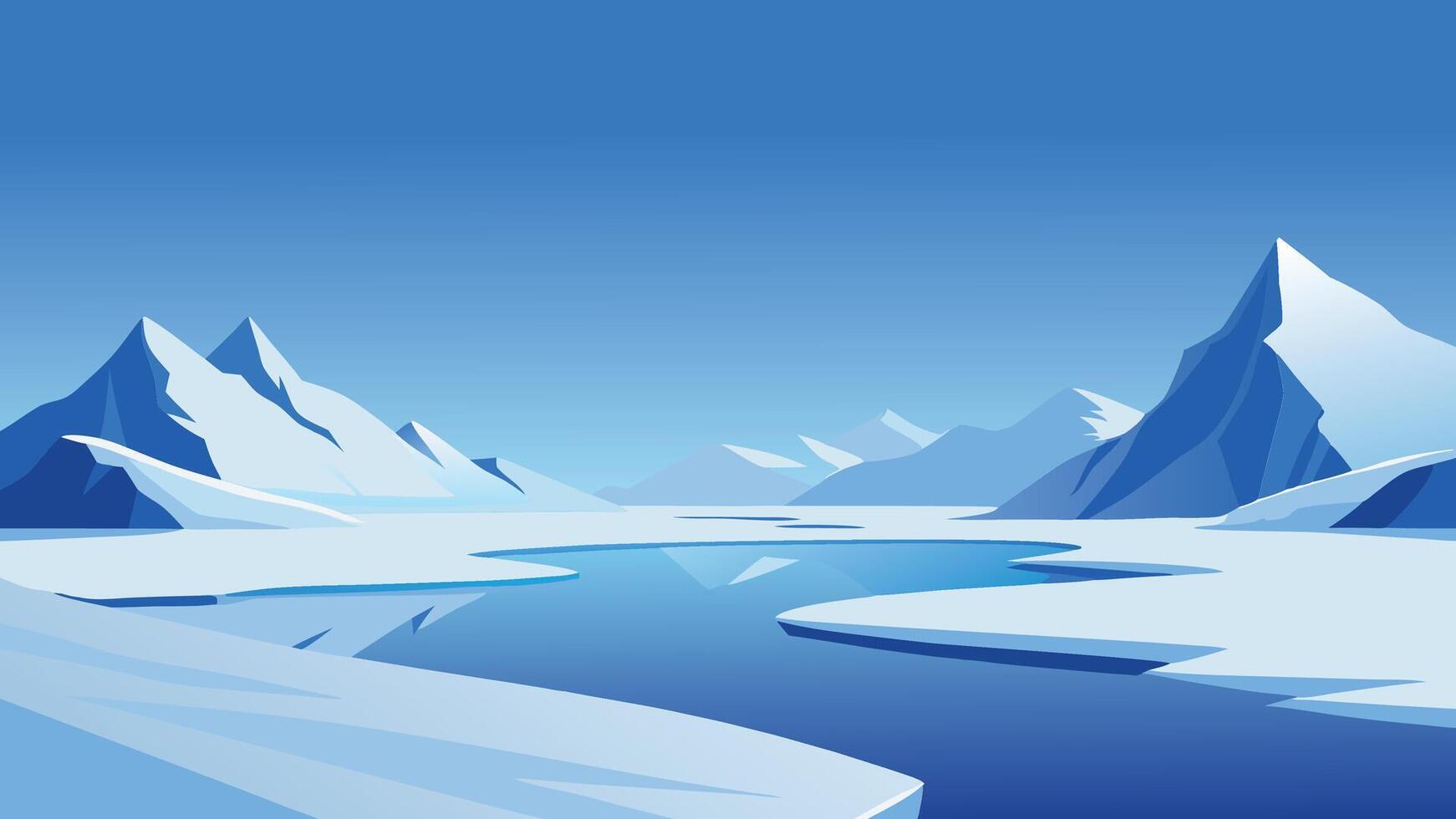 artistic representation of a snowy mountain range alongside a calm water body, highlighting the serene winter landscape vector