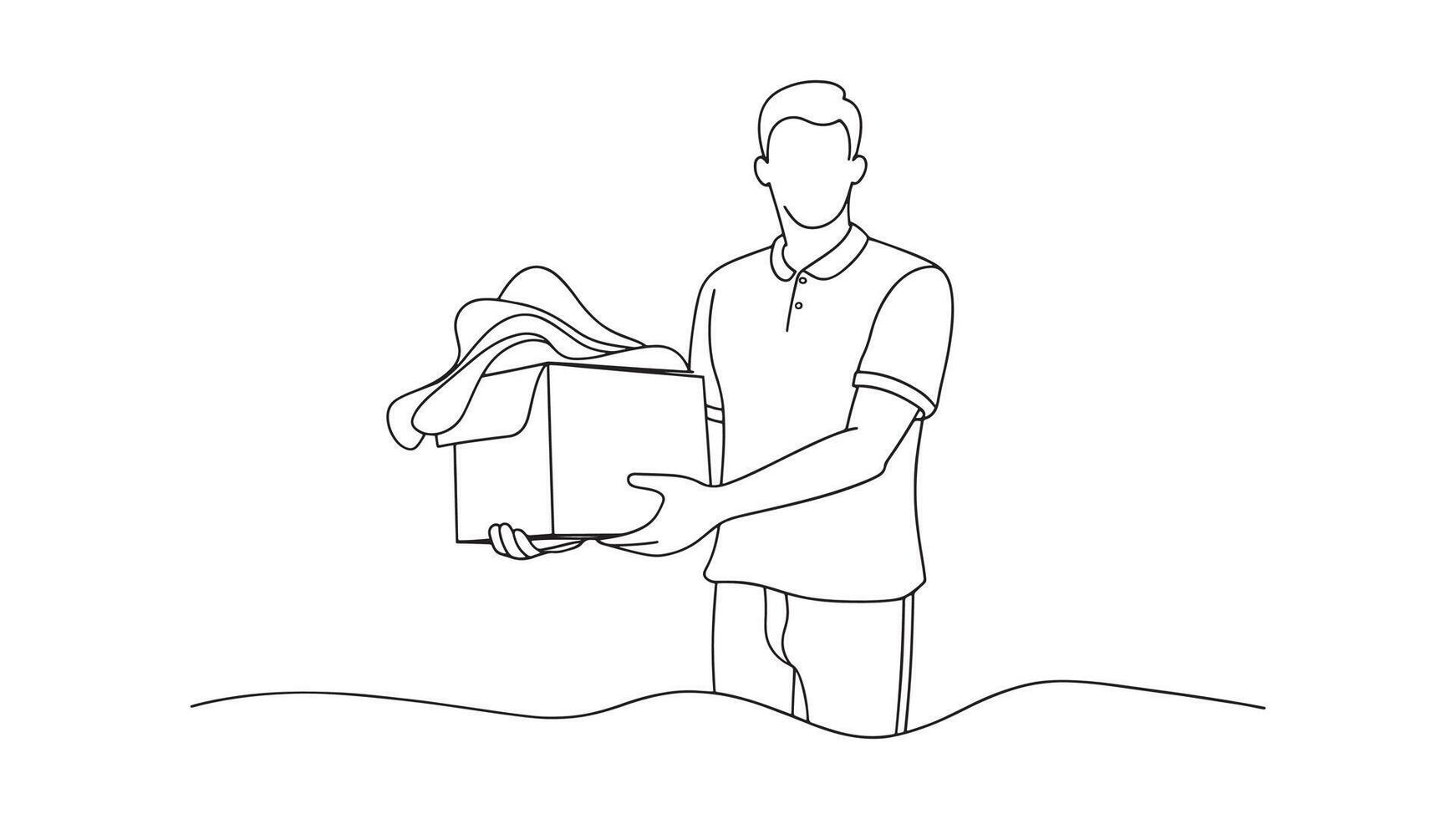 Man holding a box filled with various clothes continuous line art flat illustration on white background vector