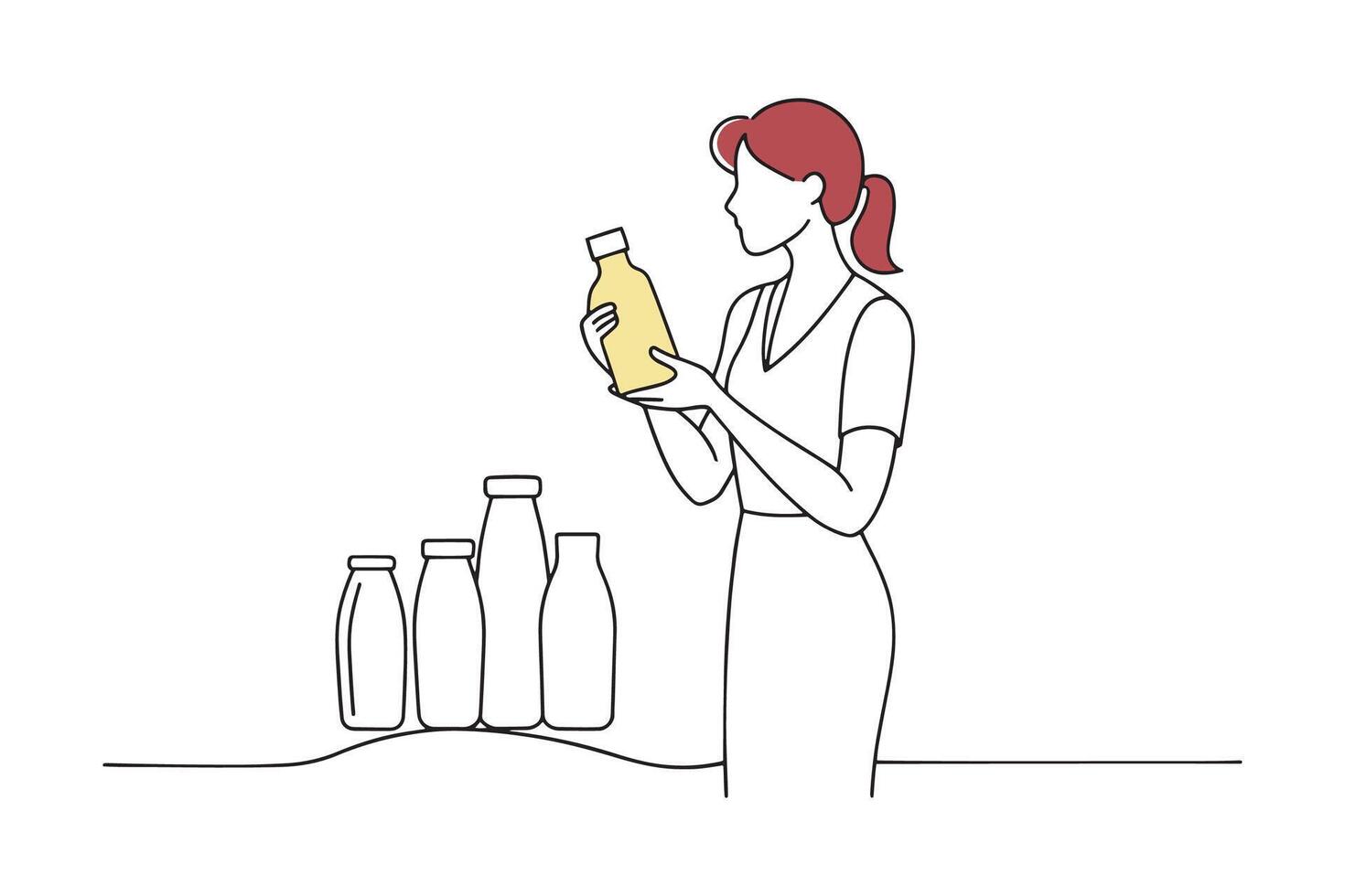 woman examines a bottle of milk while shopping in a supermarket aisle continuous line art flat illustration on white background. vector