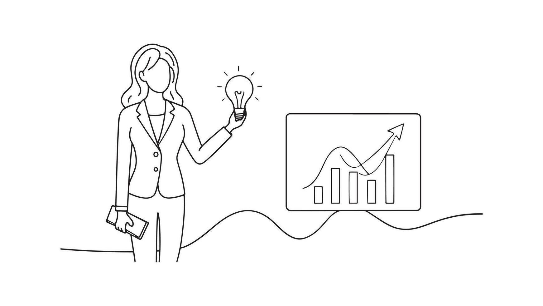 Presentation, vision, strategy . The female leader. Discussing business plan. vector