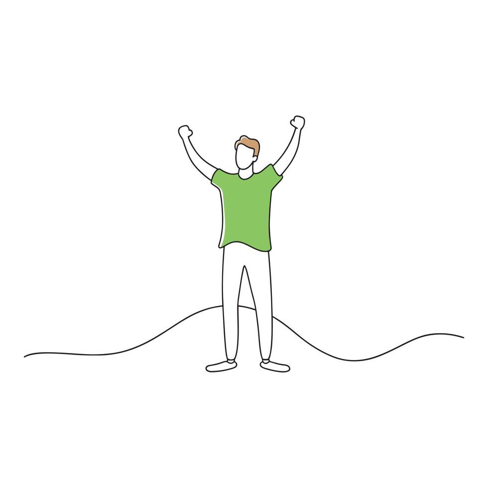 man stands with his hands raised high continuous line art flat illustration on white background vector