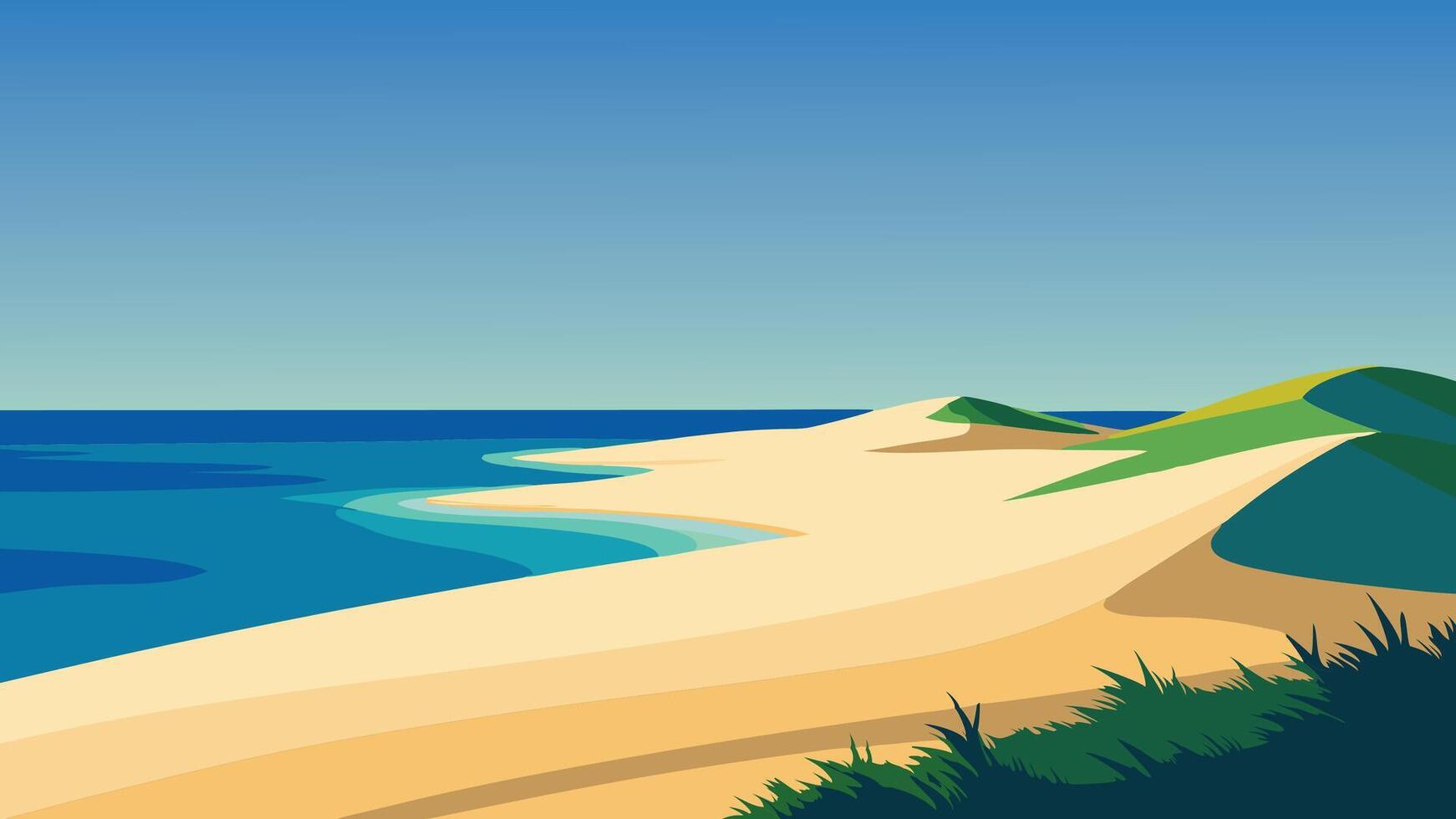 Depicting a vibrant beach scene featuring a gentle sand dune under a clear blue sky flat illustration vector