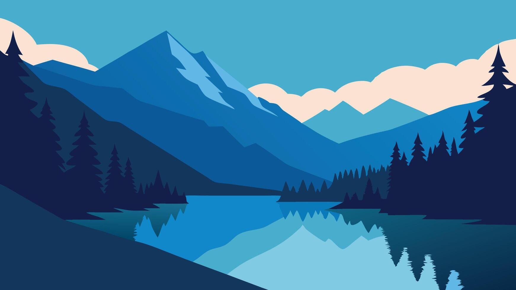 Calm lake bordered by impressive mountains and dense trees, illustrating a peaceful and scenic outdoor environment flat illustration vector