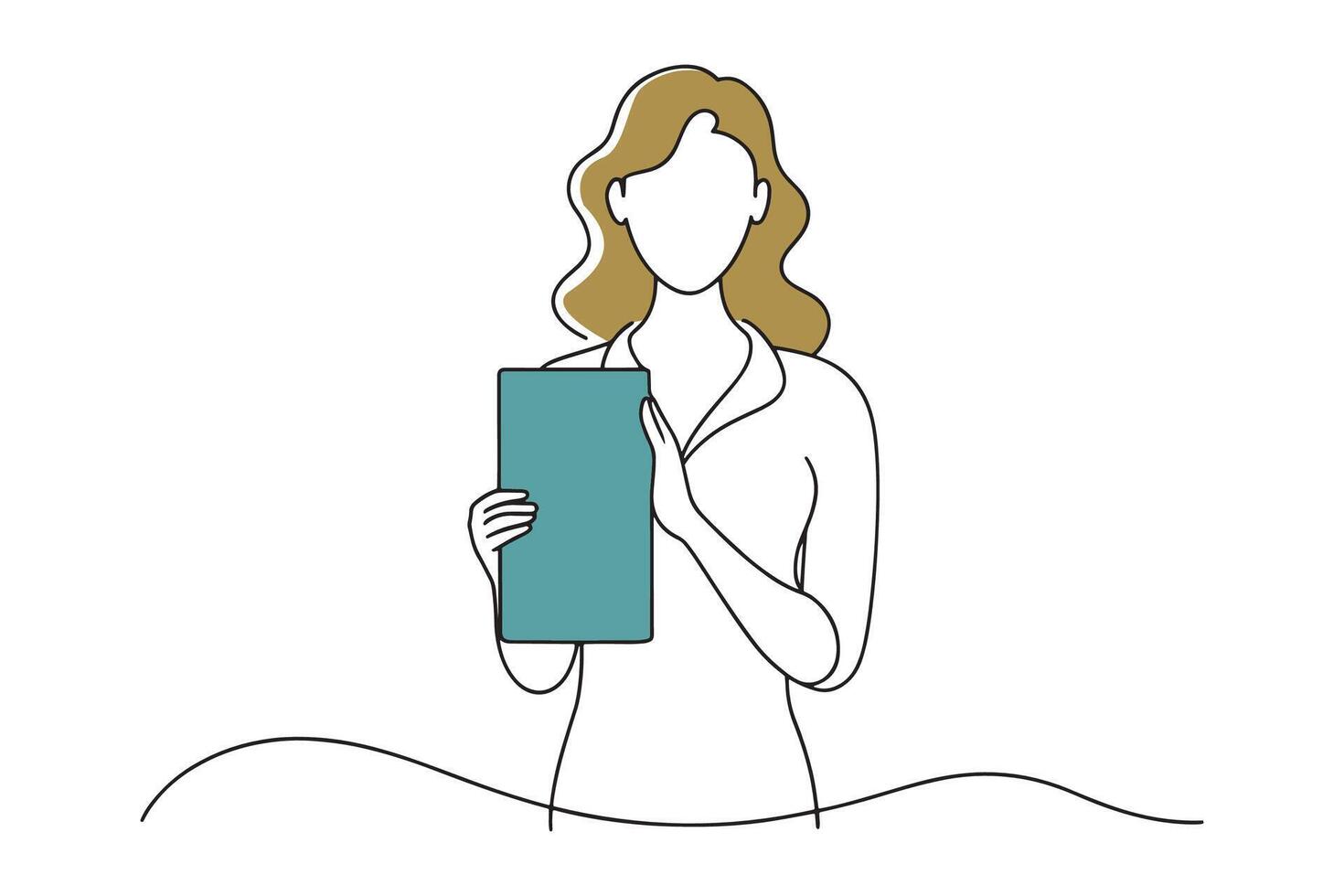 woman holding a piece of paper continuous line art flat illustration on white background. vector
