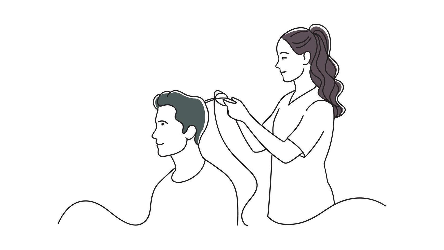 Woman is trimming a man's hair continuous line art flat illustration on white background vector