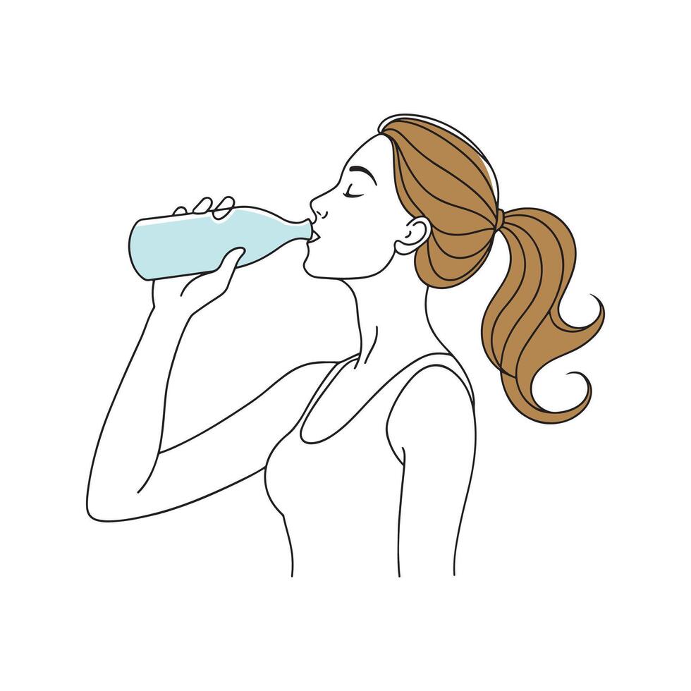 Woman is refreshing herself by drinking water from a clear bottle continuous line art flat illustration on white background vector