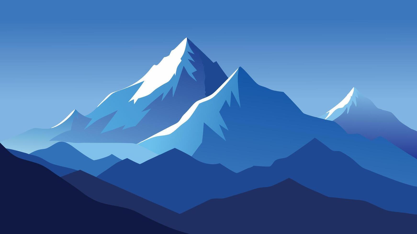 Aerial view showcasing majestic mountains enveloped by soft, fluffy clouds under a clear blue sky flat illustration. vector