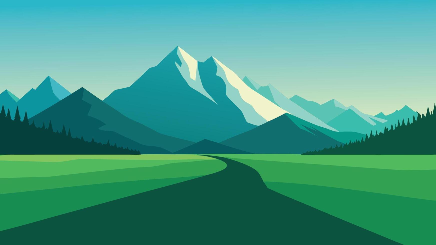 Expansive green grass field leading to towering mountains in the background, showcasing a serene outdoor scene flat illustration. vector