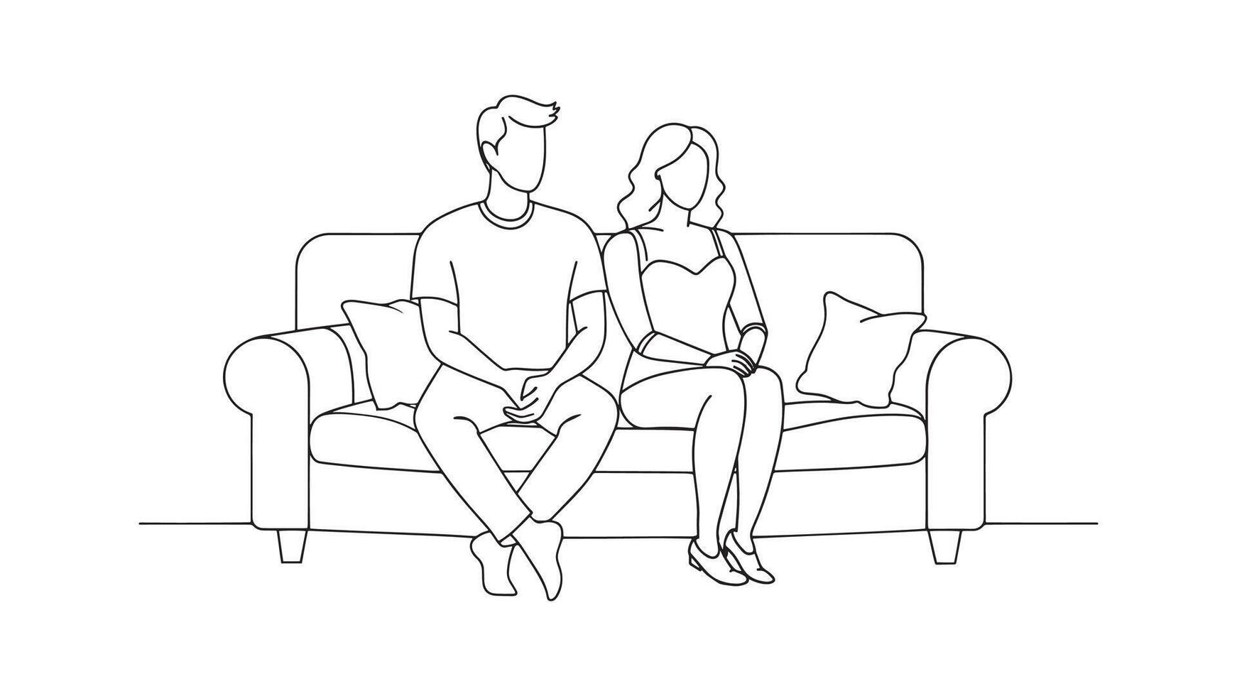 Man and woman relax on a couch continuous line art flat illustration on white background vector