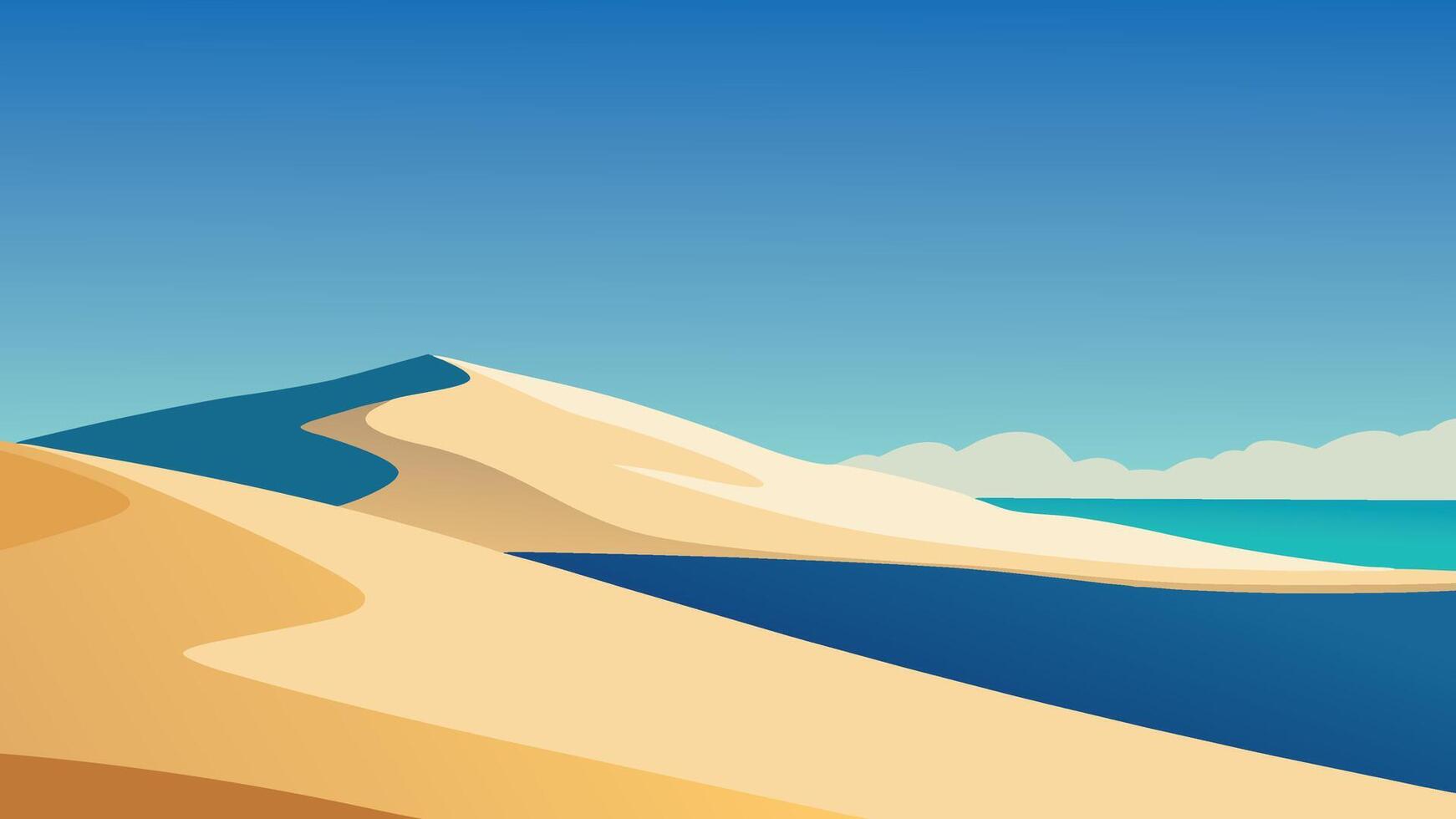 Beach scene featuring soft sand dunes adorned with lush green grass under a clear blue sky flat illustration vector
