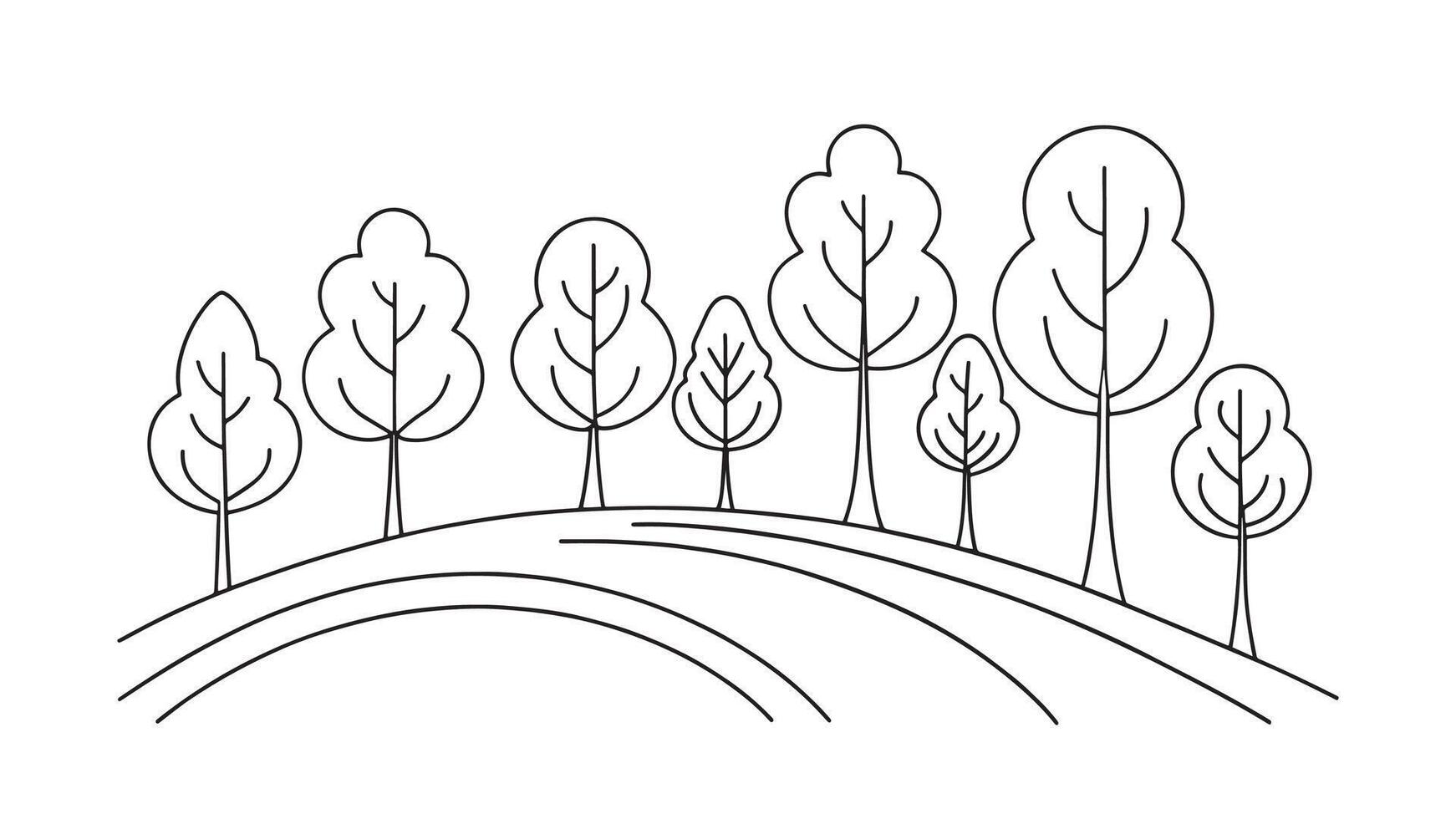 An elegant line drawing of trees flanking a road, representing a peaceful and inviting natural environment line art flat illustration vector
