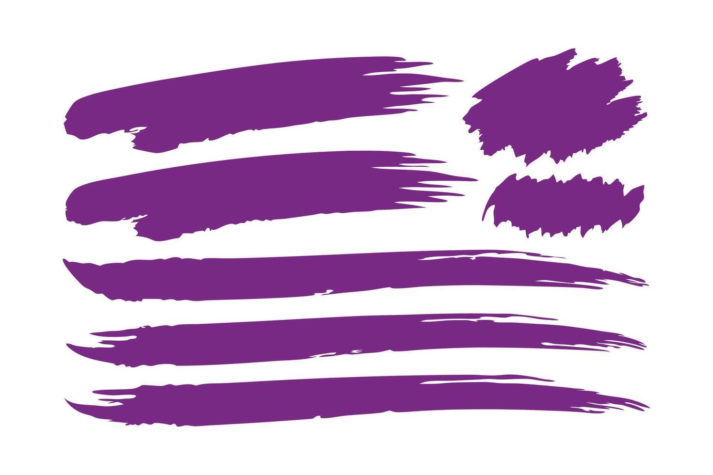 Purple grunge brush strokes of oil paint flat illustration set white background vector