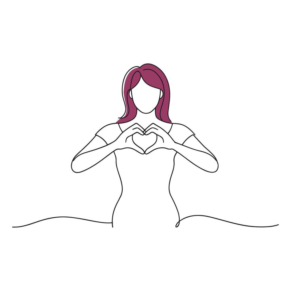 woman forms a heart shape with her hands continuous line art flat illustration on white background. vector