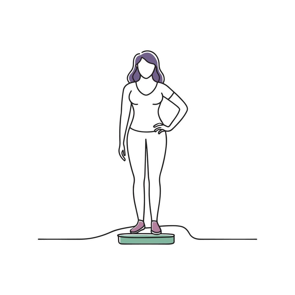 woman standing on a scale continuous line art flat illustration on white background vector