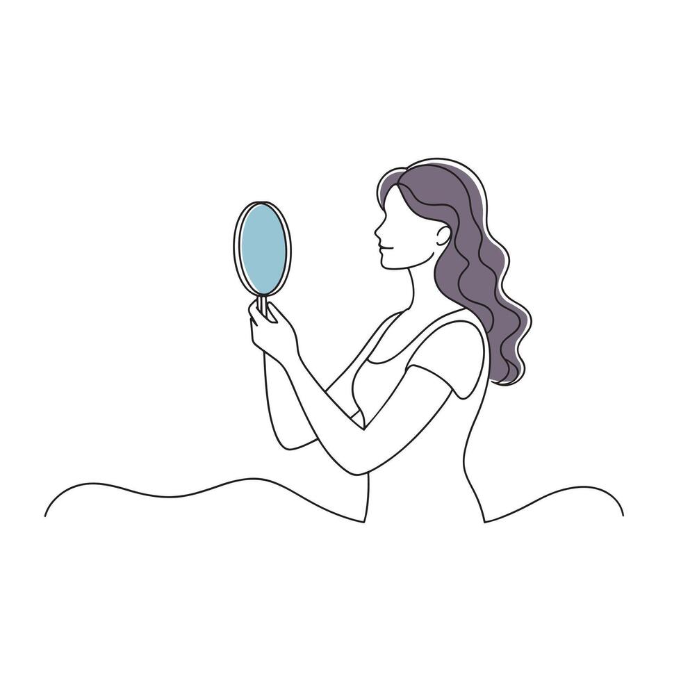 woman is illustrated holding a mirror continuous line art flat illustration on white background. vector