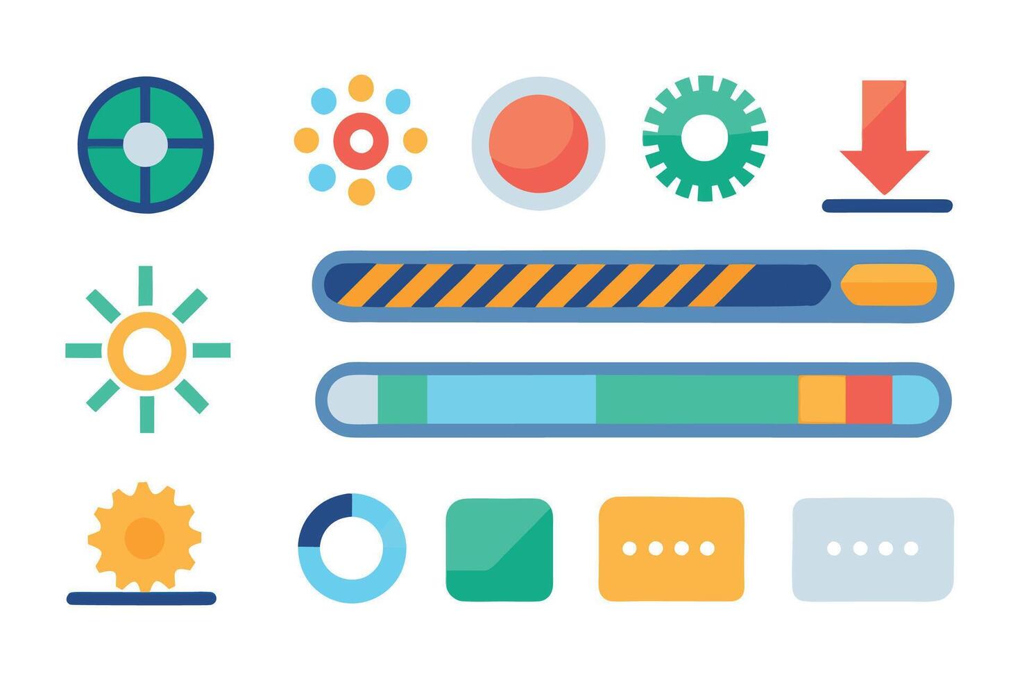 Loading, clock, a gear, and a sun, representing time management, engineering, and solar energy set isolated flat illustration on white background vector