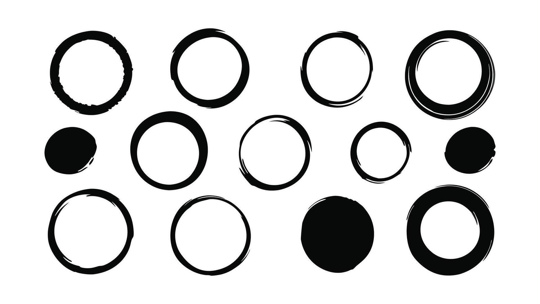 Hand drawn Grunge circles brush set. Black circle frames. Round line of black paint. Grunge round shapes isolated flat illustration on white background. vector