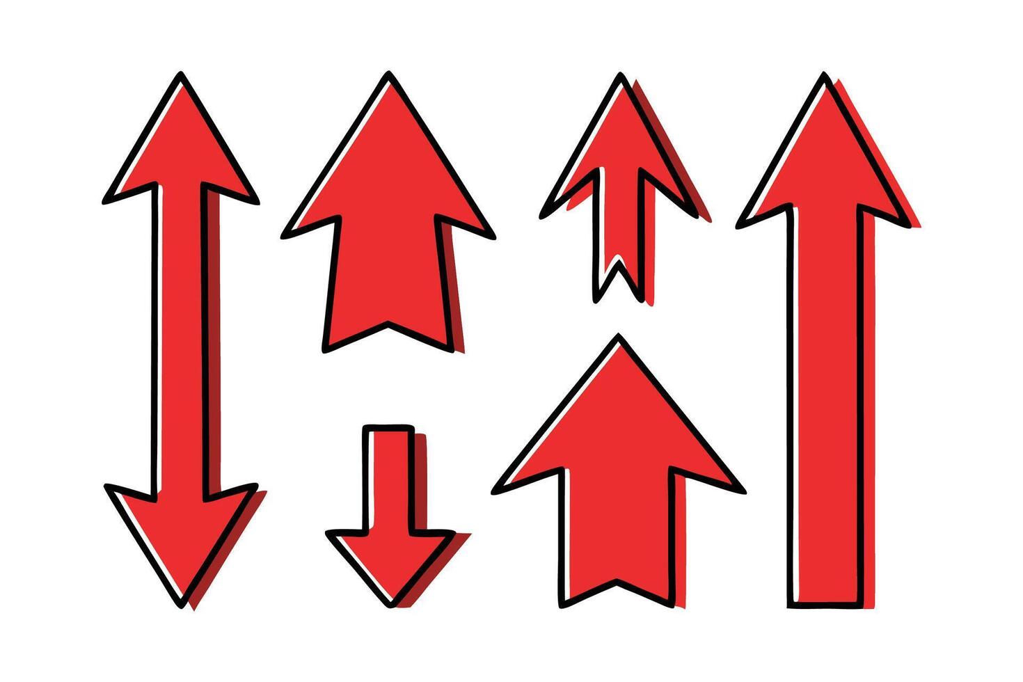 Red arrow hand drawn up down flat illustration set white background. vector