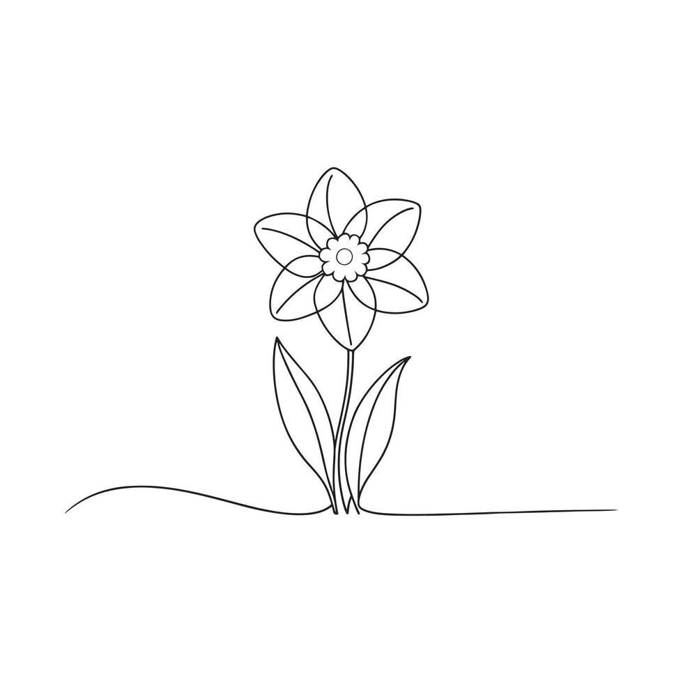 Daffodil flower isolated continuous line art flat illustration on white background. vector