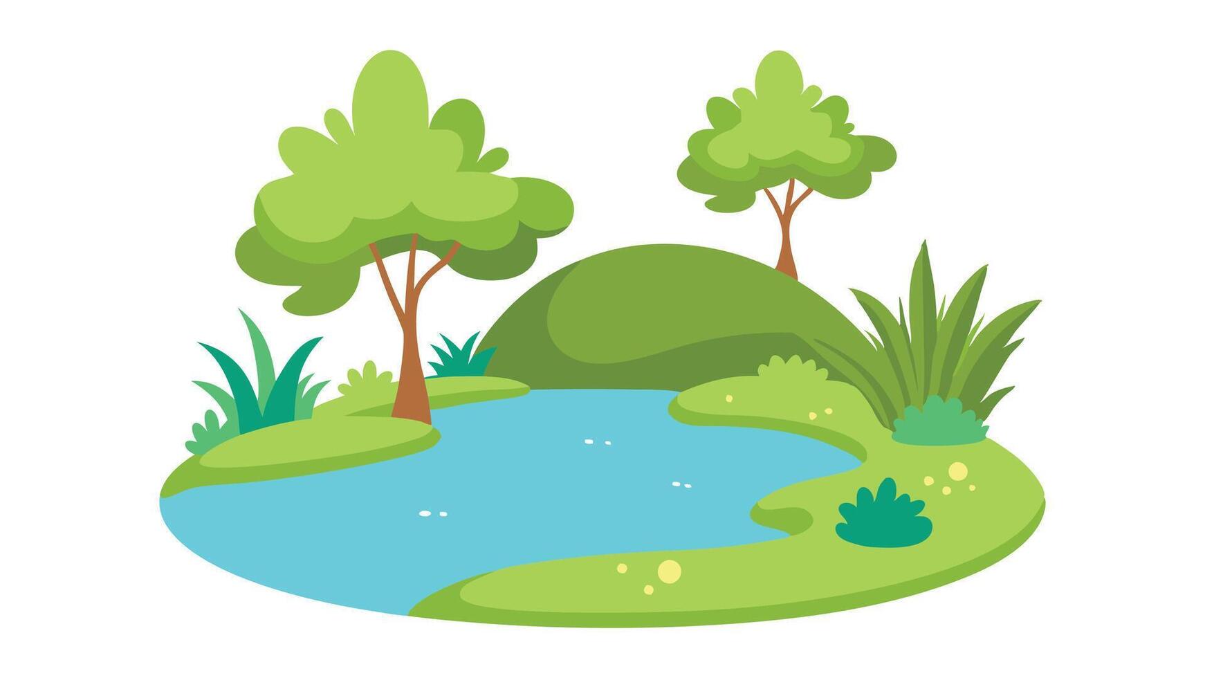 Cartoon illustration depicting a serene small pond surrounded by greenery and gentle ripples on the water's surface flat illustration on white background vector