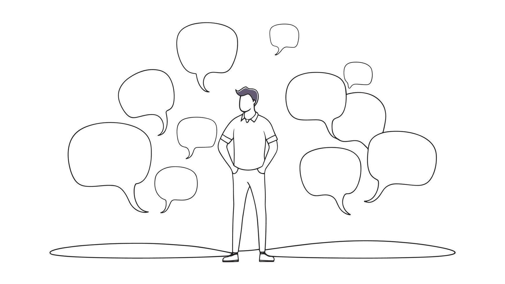 Man stands amidst various speech bubbles continuous line art flat illustration on white background vector