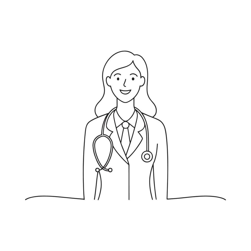 cartoon woman wearing a doctor's coat, smiling confidently continuous line art flat illustration on white background vector