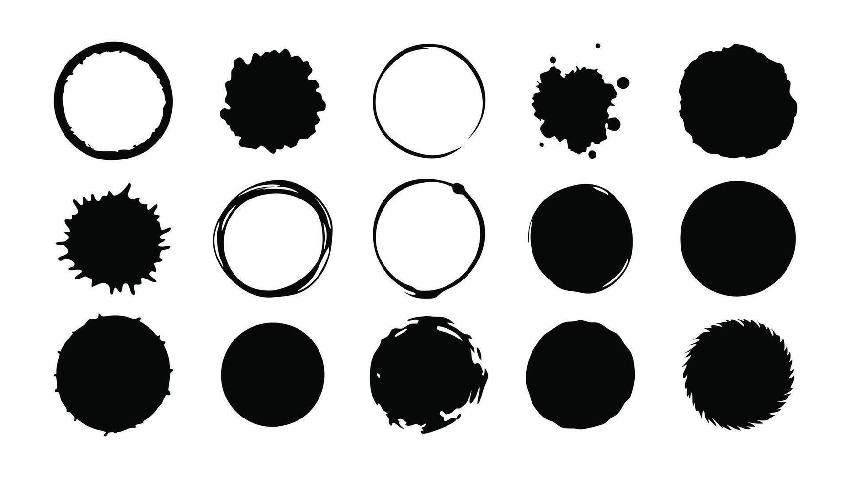Grunge circles Hand drawn set. Grunge round shapes. Banner circle frames for text. Black paint stains isolated flat illustration on white background. vector