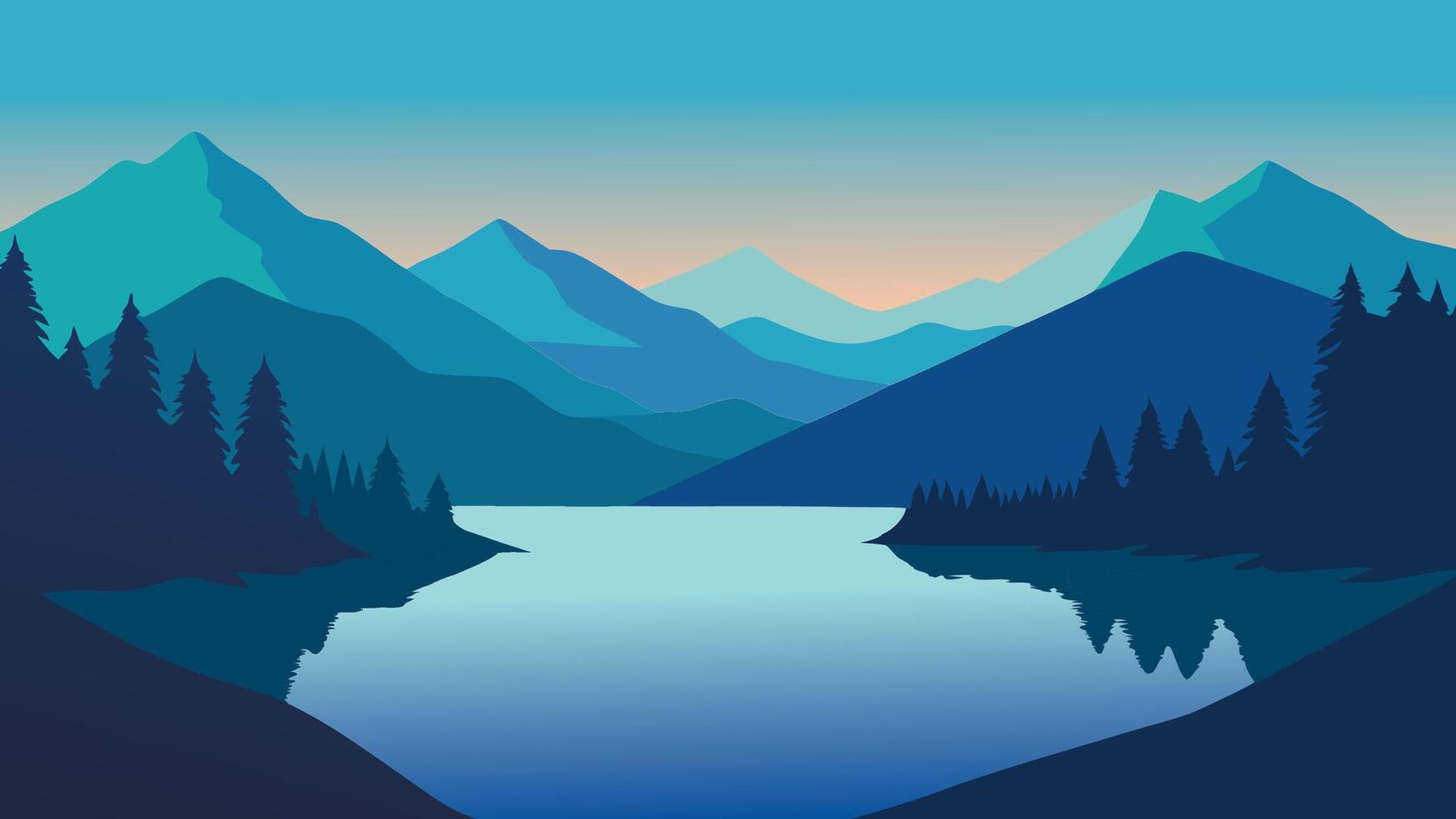 Lake surrounded by lush greenery and distant mountains, reflecting the beauty of nature in a tranquil setting flat illustration vector