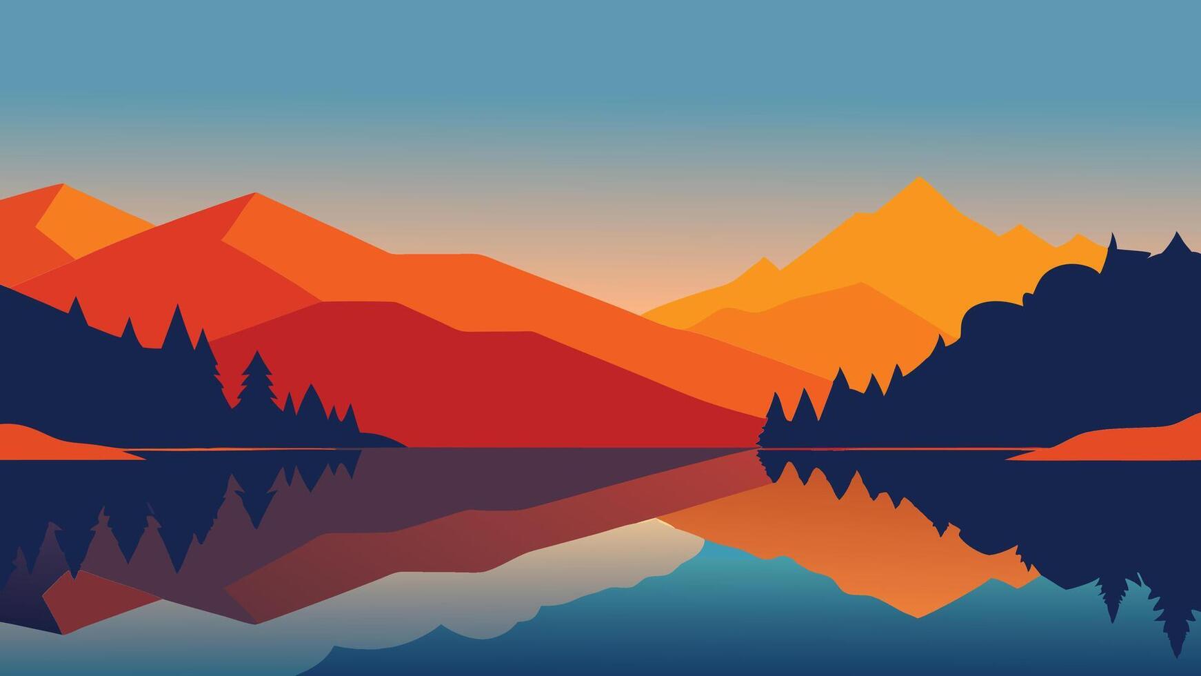 Lake reflecting vibrant autumn foliage, showcasing a picturesque blend of orange, red, and yellow hues flat illustration vector