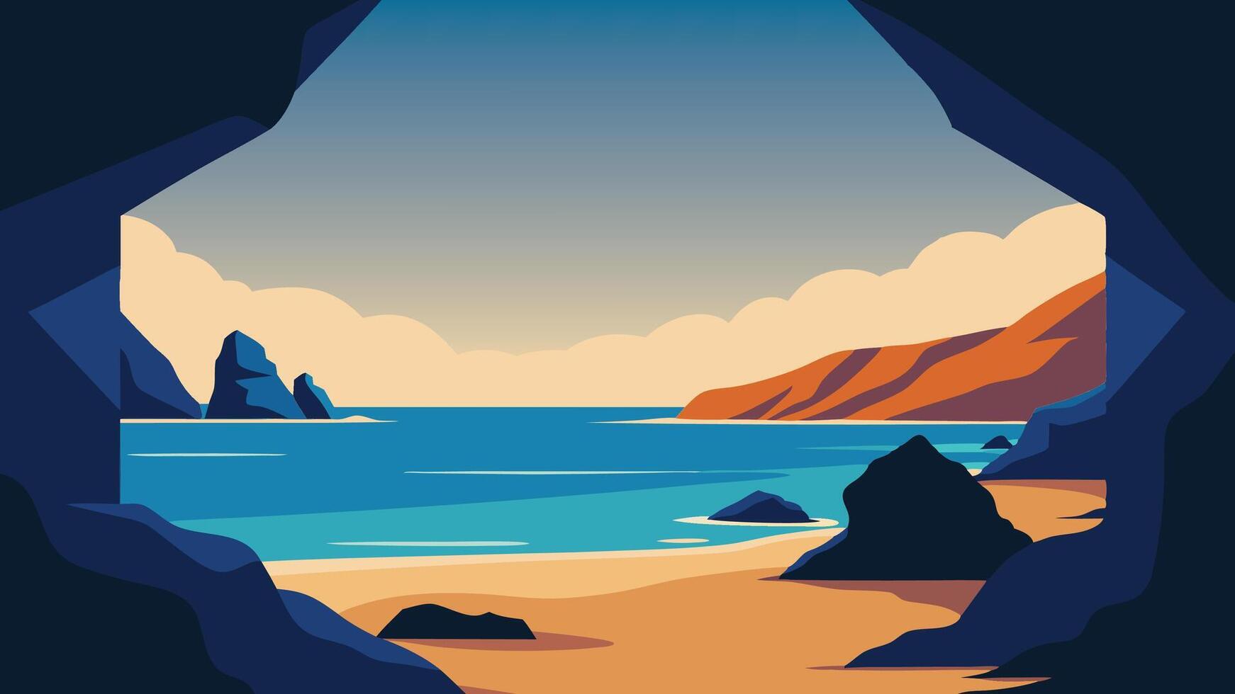 Beach scene framed by rocks and water, highlighting the harmony between land and sea flat illustration vector