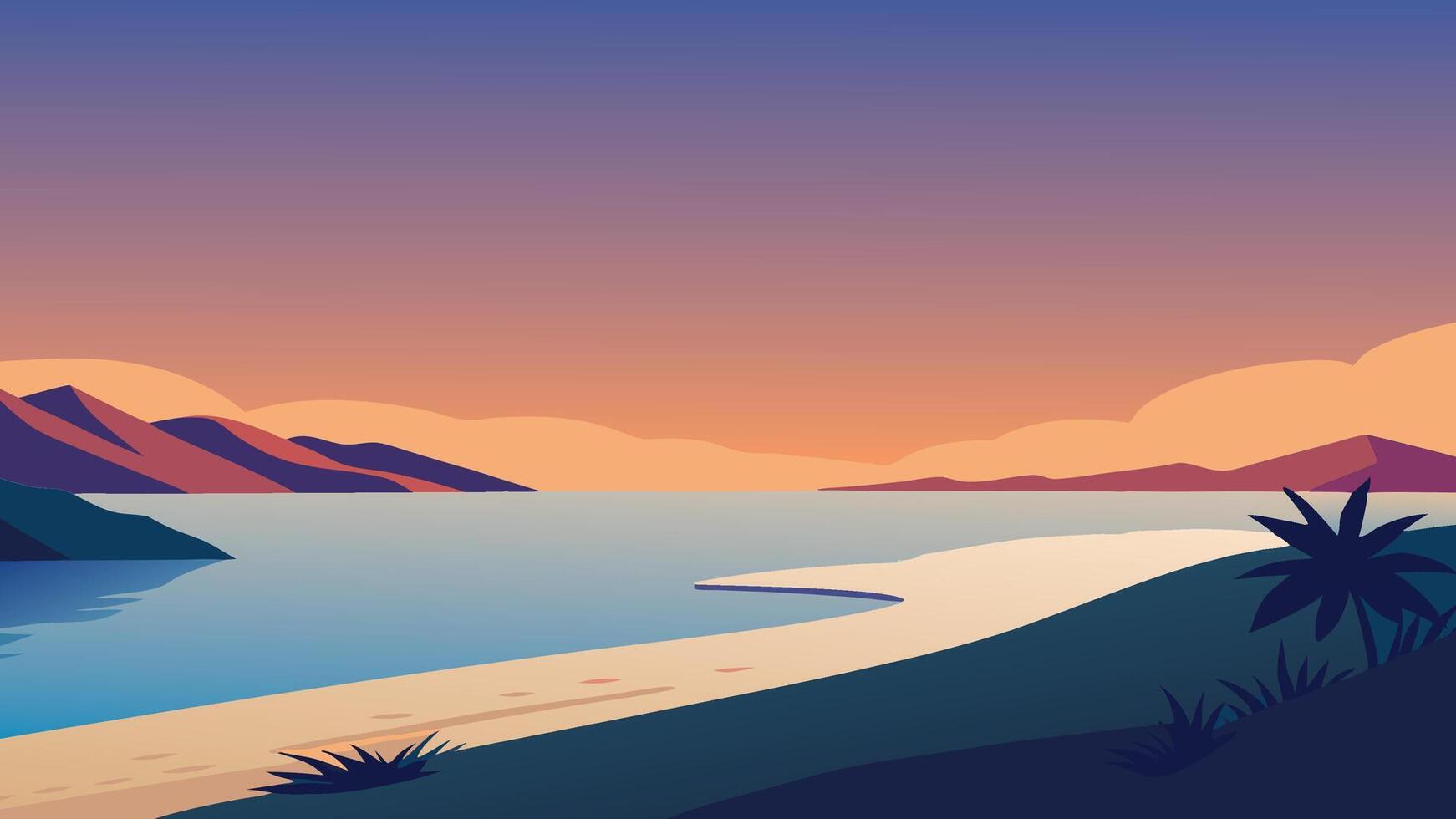 beach at sunset, featuring soft sand and lush grass, creating a picturesque coastal scene flat illustration vector