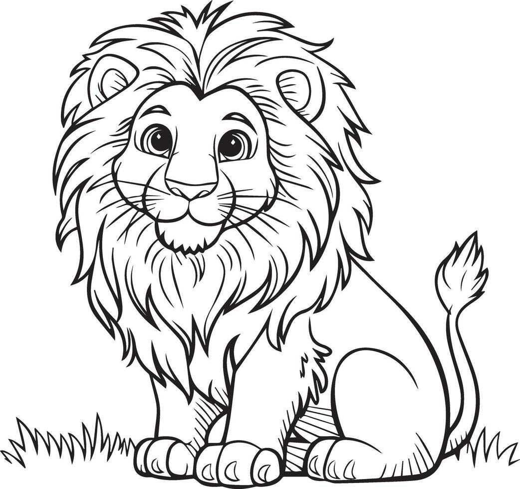 Easy-to-Color Cute and Fluffy Lion with Bold Black Outlines on White Background vector