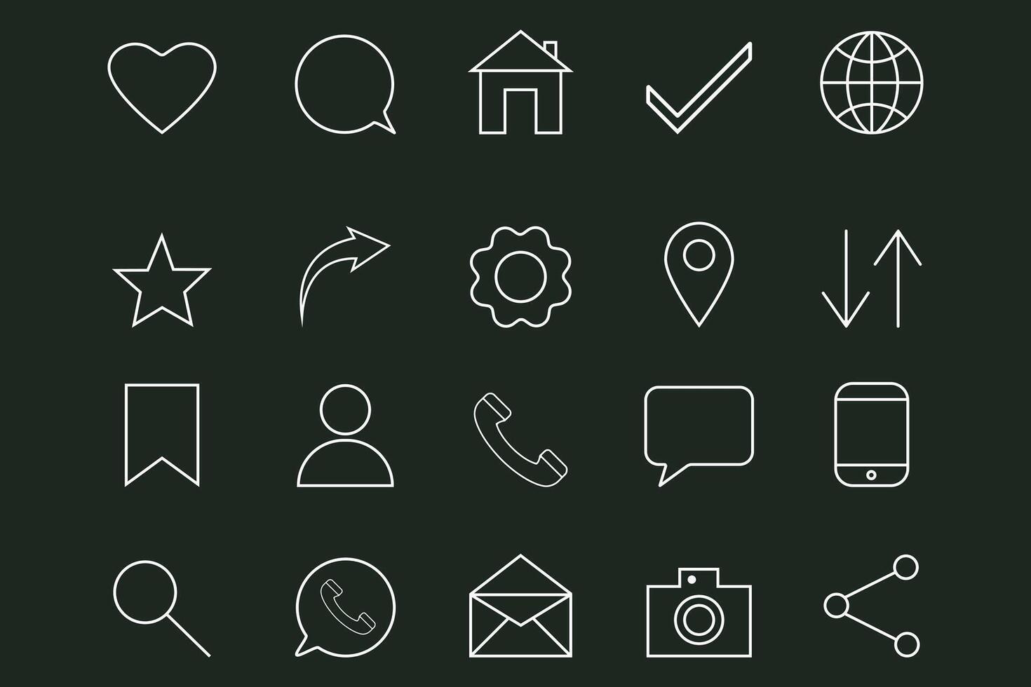Set of white outline icons on Flat background. Simple linear icons for web design or mobile app interface. Social media, web, communication, home, location, profile, settings, chat, search, camera. vector
