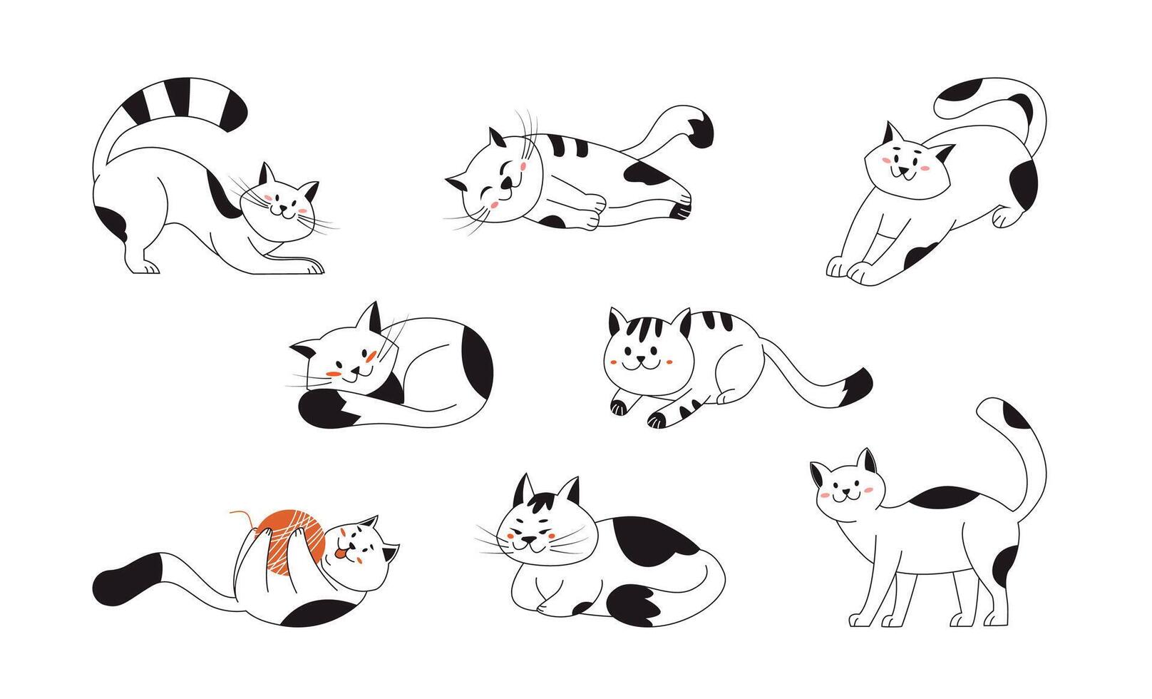 Cute smile cats playing, stretching, sitting, lying, relaxing. Funny purebred kittens in different poses. Pet animals set hand drawn with contour lines on white isolated background vector