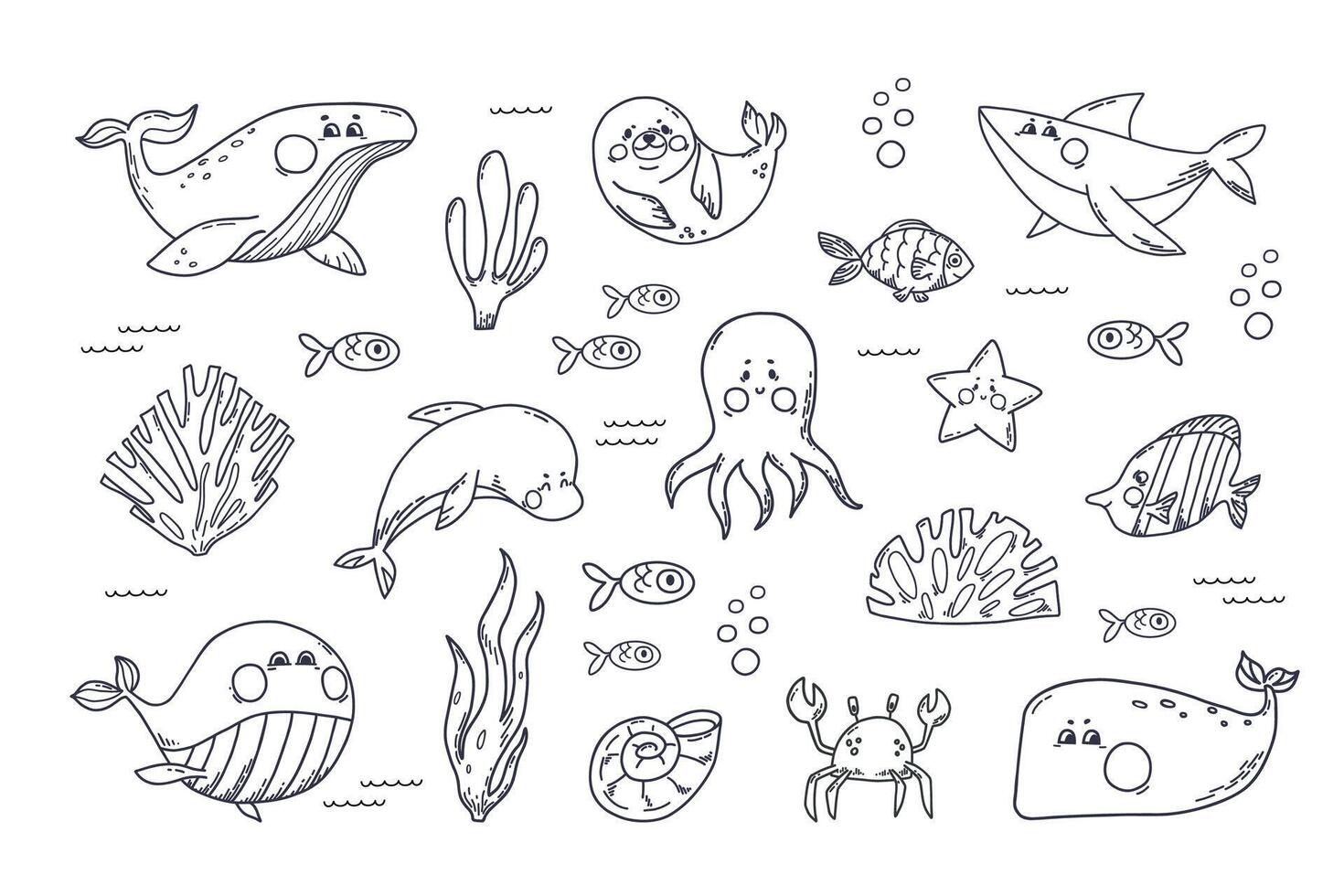 Ocean aquatic animals clipart hand doodle set. Funny Underwater mammals different species whales, shark, seal, dolphin, octopus, crab and fishes. Hand draw illustration on white isolated background vector