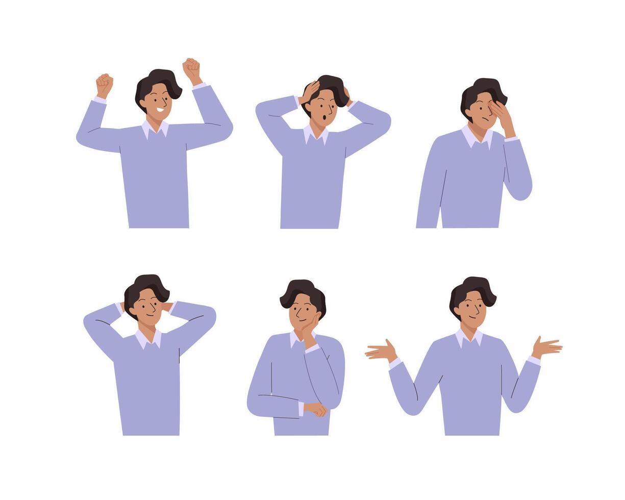 Young Man feel different negative and positive emotions. Various male gestures and poses set. Successful, happy, crisis, unsure, professional stress. Flat design illustration vector